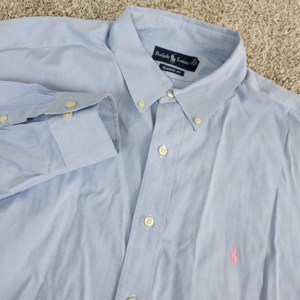 Vintage Ralph Lauren Classic Fit Mens 17.5-32/33 Blue Pony Button Down LS